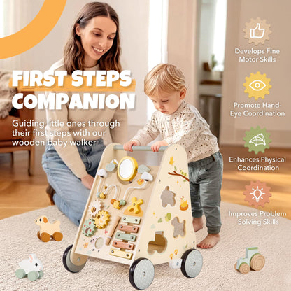 Toddler playing with shape sorter blocks and bead maze