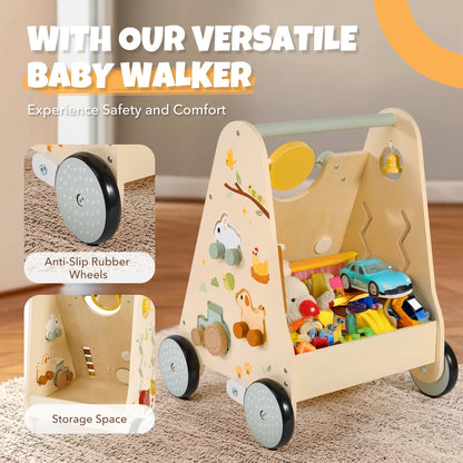 Close-up of Montessori-inspired sensory toys on the walker