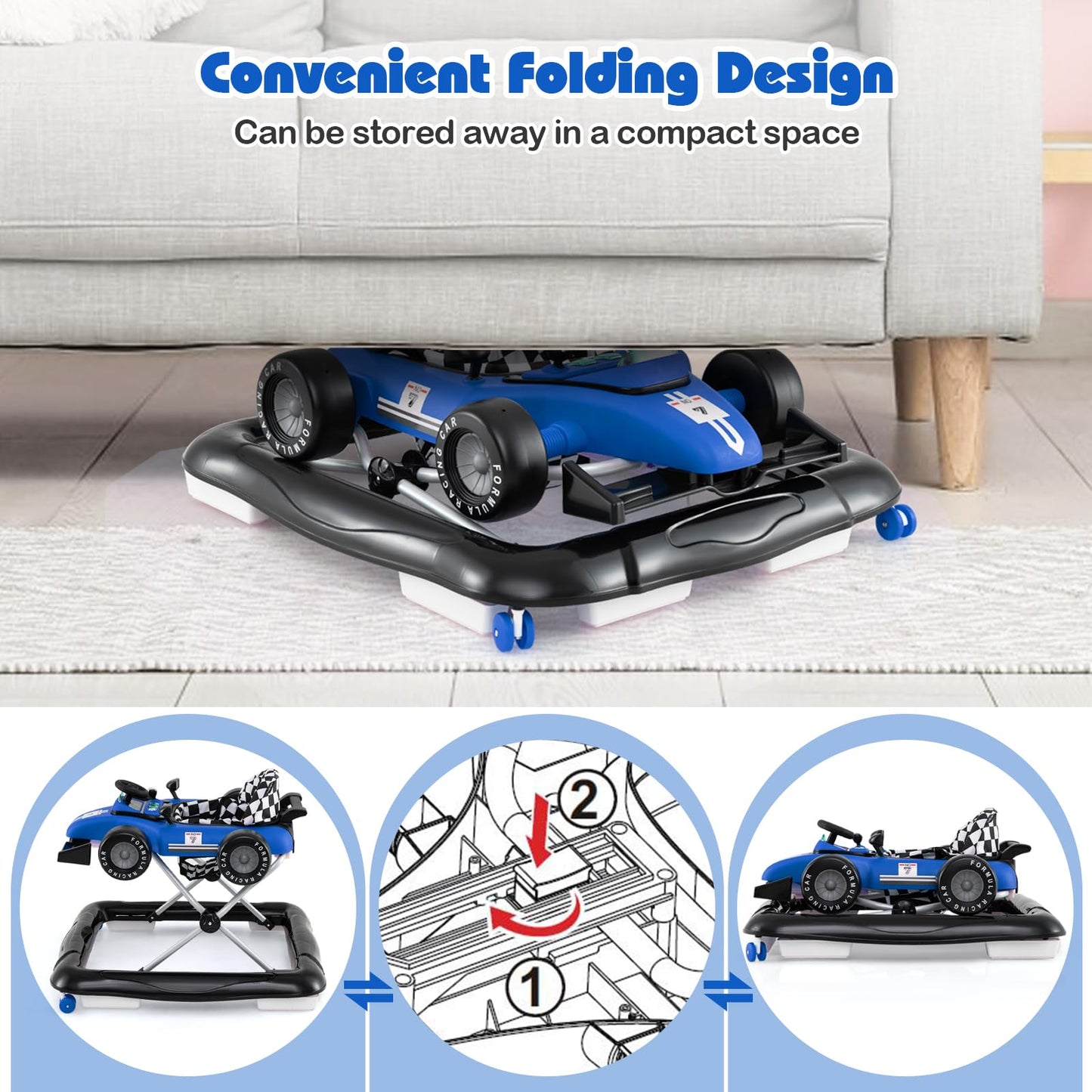 Folded Honey Joy baby walker for compact storage