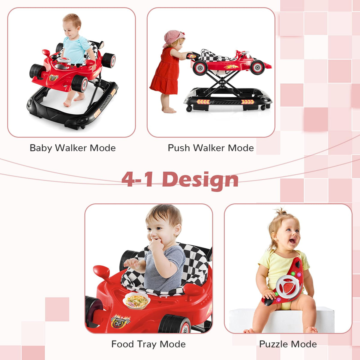 Costway 4-in-1 baby walker side profile showing racing car design