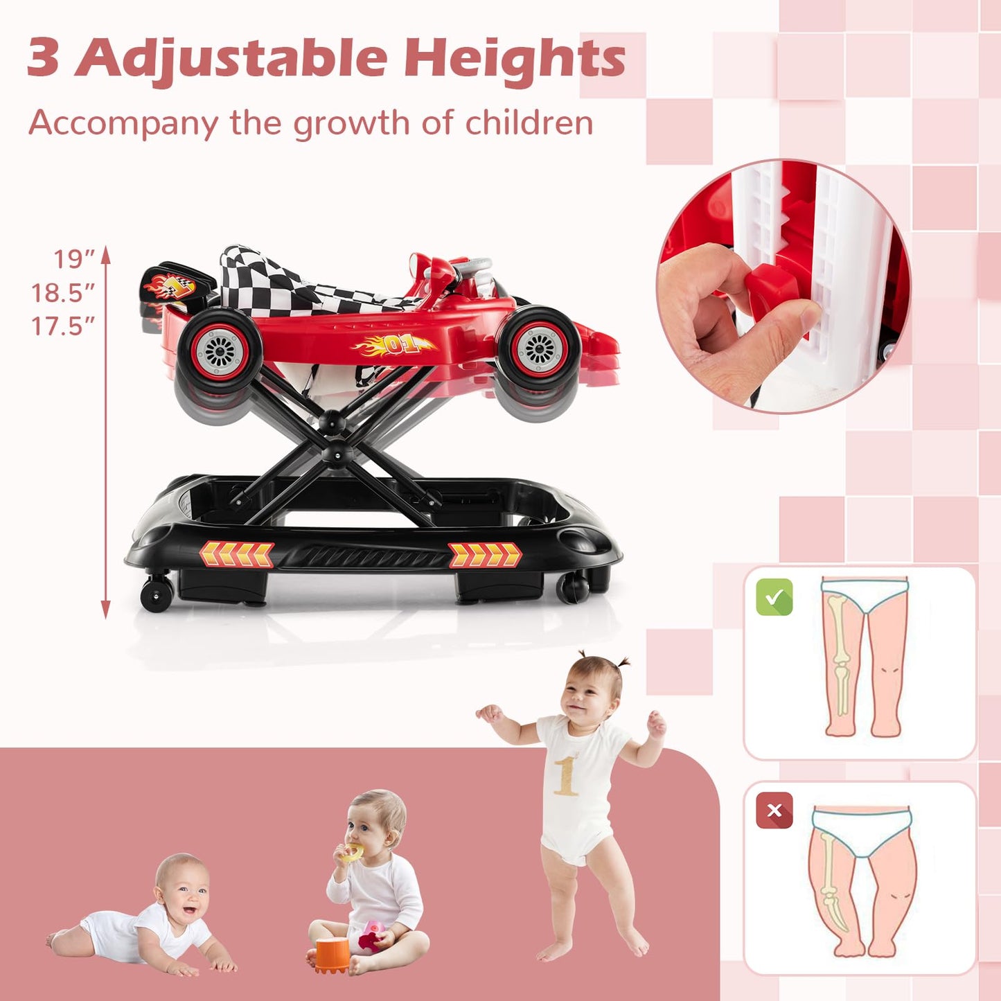 Side view of foldable red Costway Baby Joy 4-in-1 walker