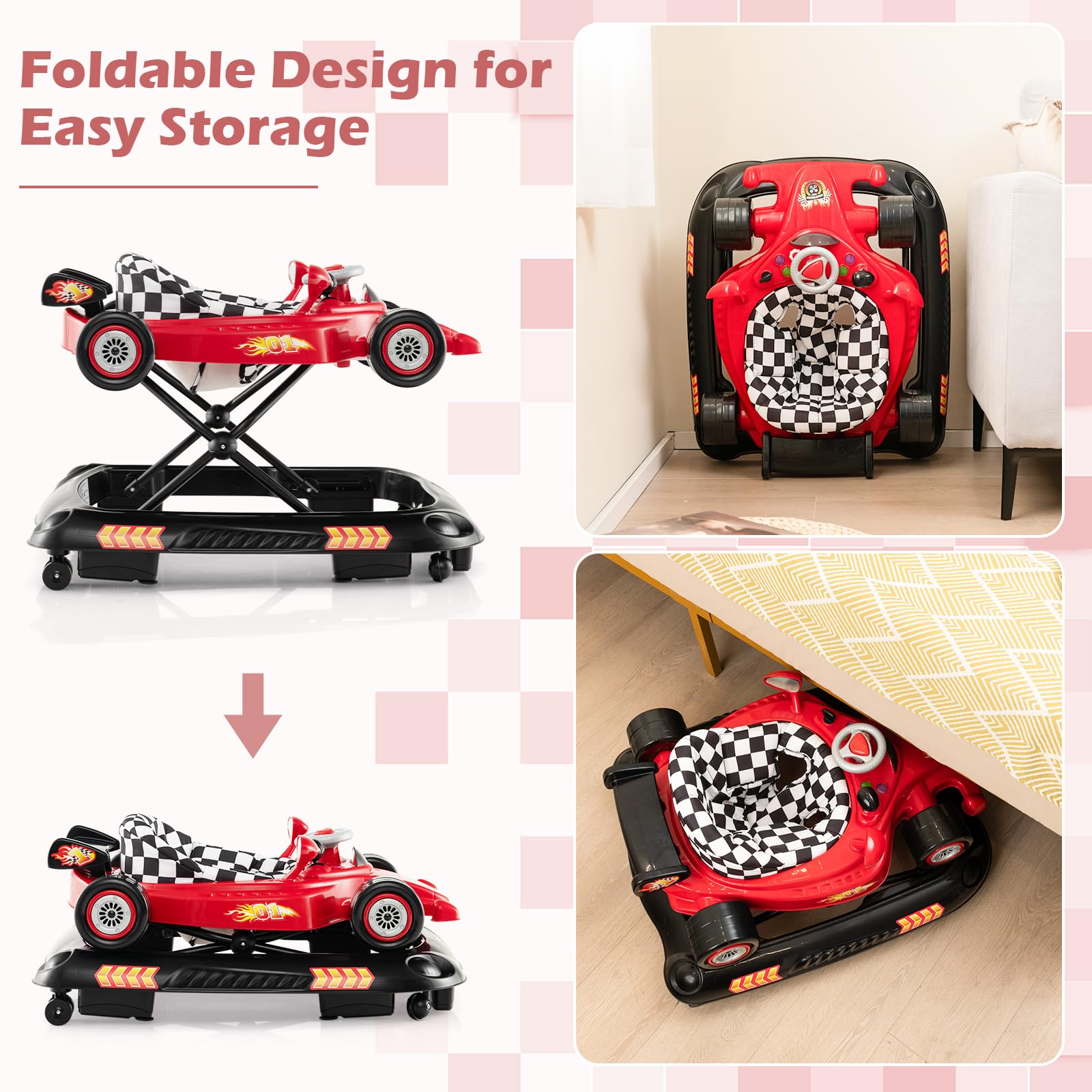Safety wheels and anti-rollover base of Baby Joy 4-in-1 walker