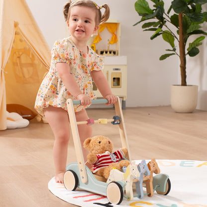 Side view of wooden baby walker showing pony movement mechanism