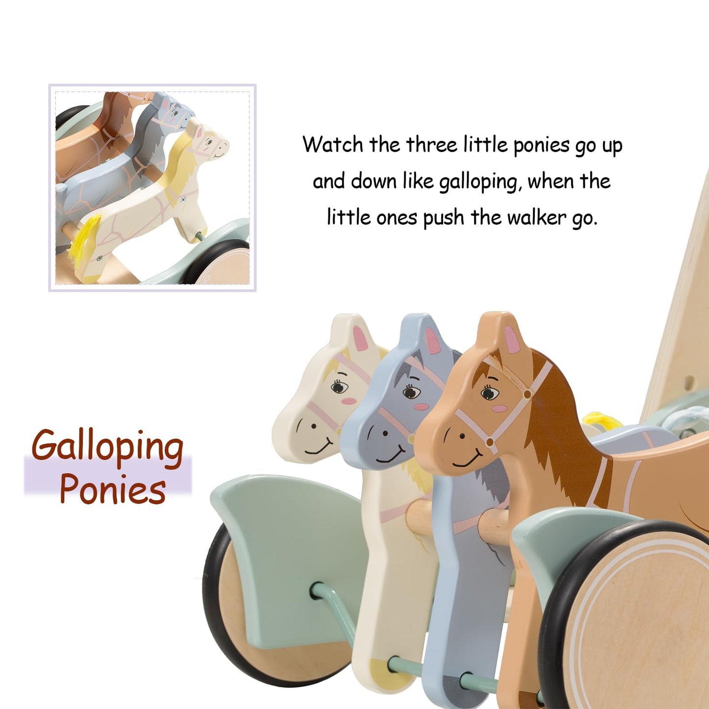 Close up of wooden buggy beads on baby activity walker