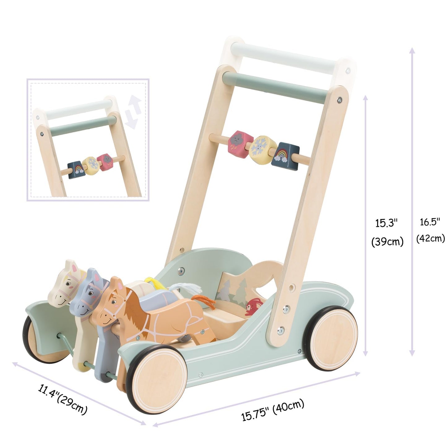 Toddler using Giant Bean wooden push walker indoors
