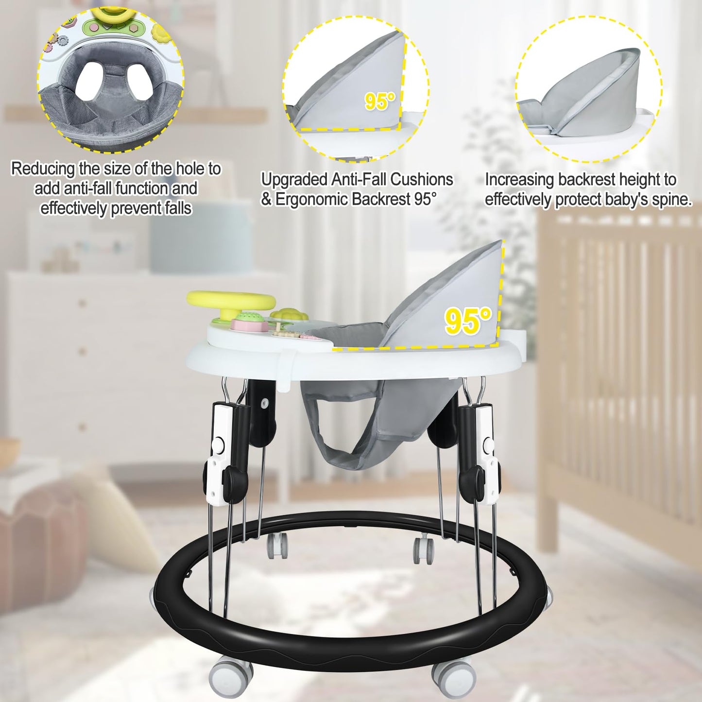 Detachable musical toy tray on baby walker