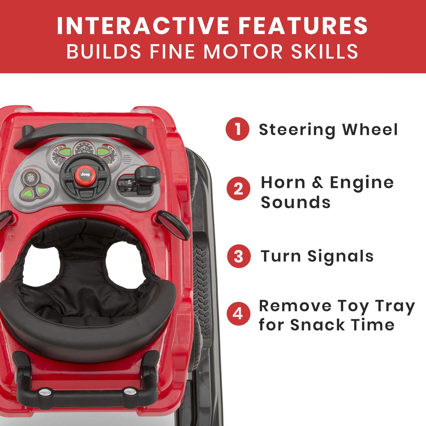 Side view of red Jeep 3-in-1 grow with me walker