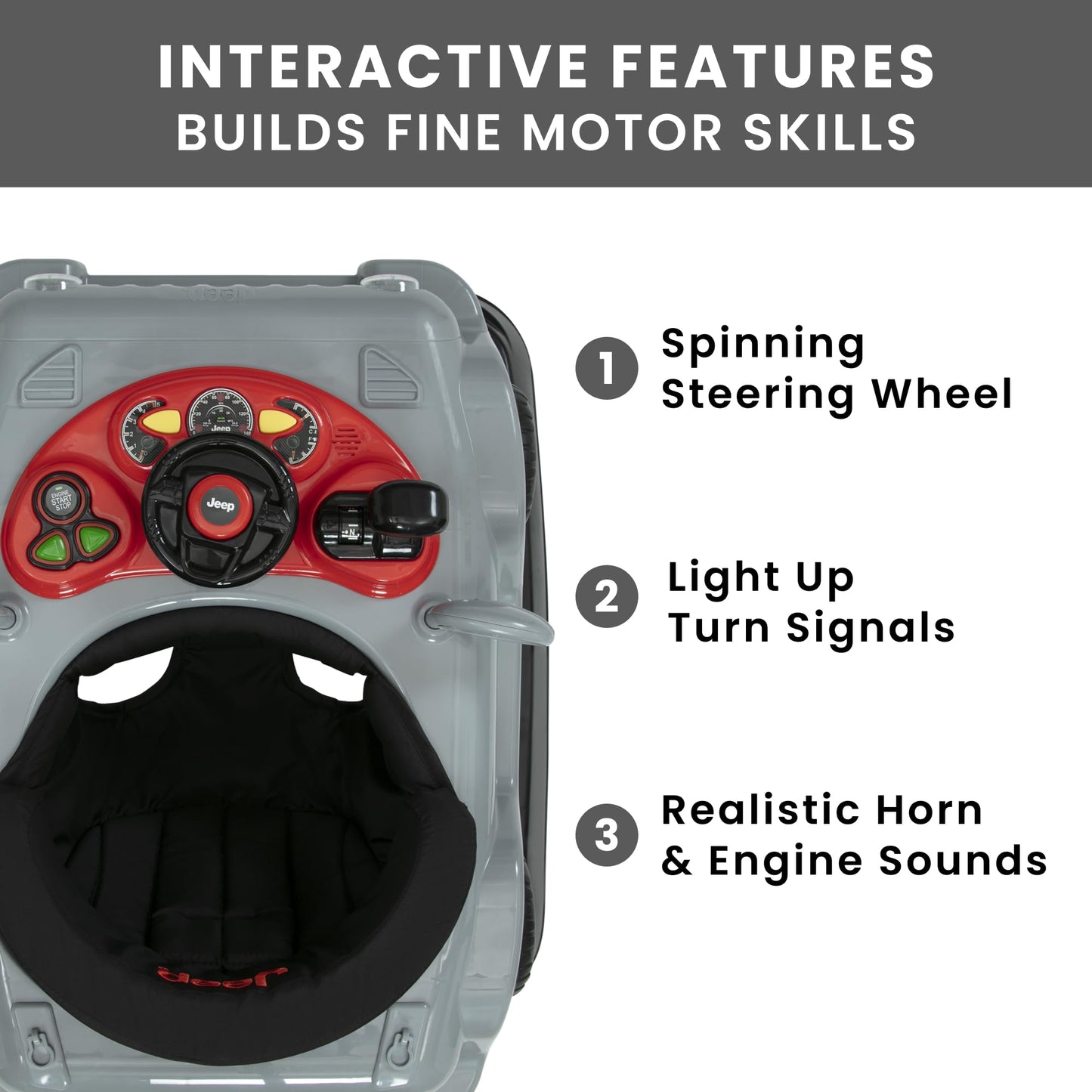 Removable toy tray on Jeep Wrangler baby walker