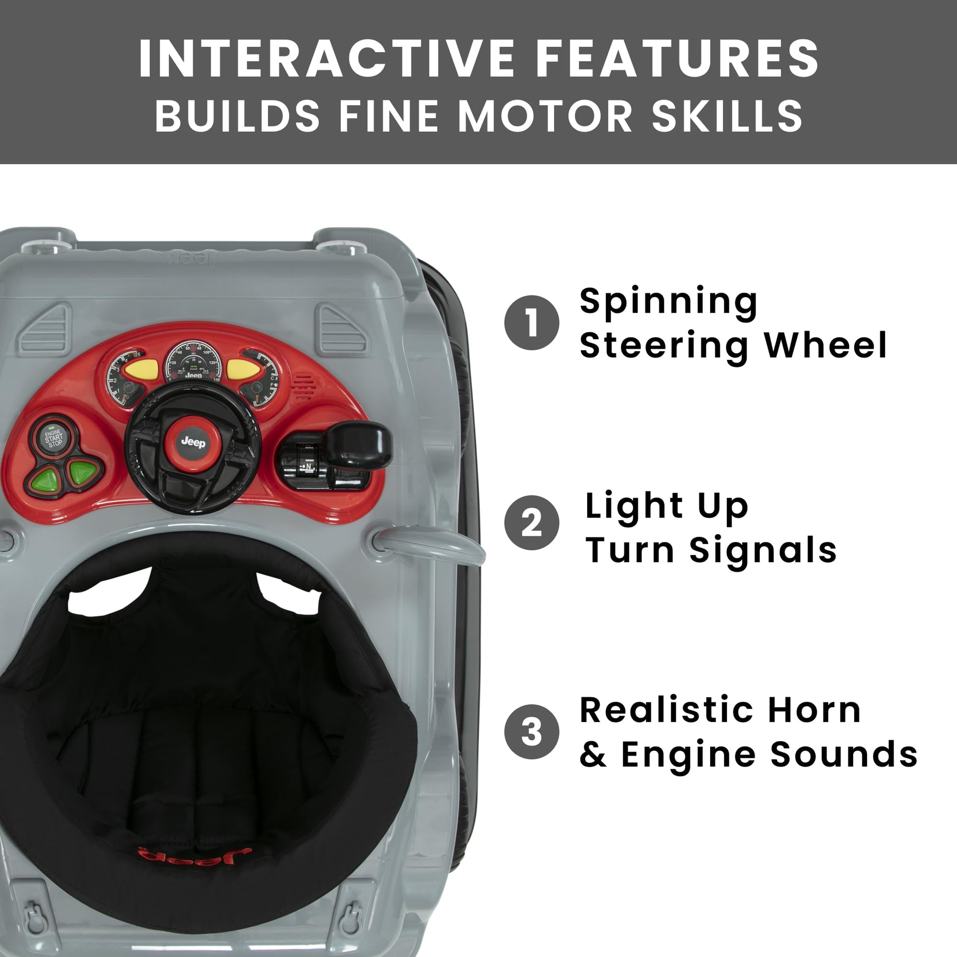 Removable toy tray on Jeep Wrangler baby walker
