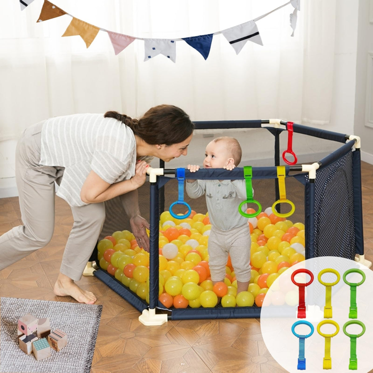 Close up of multi colored crib hanging rings