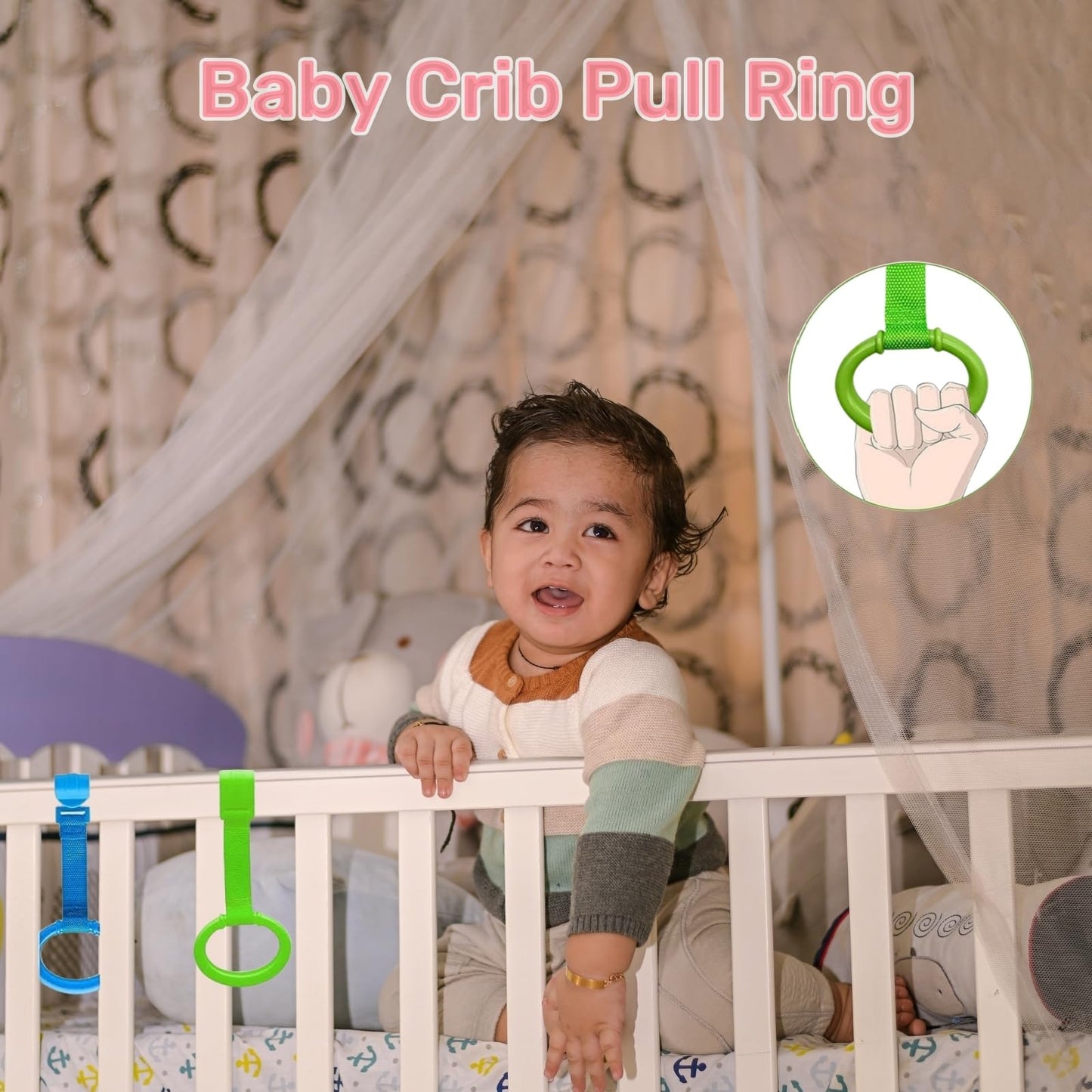 Close up of colorful baby standing support rings for cribs