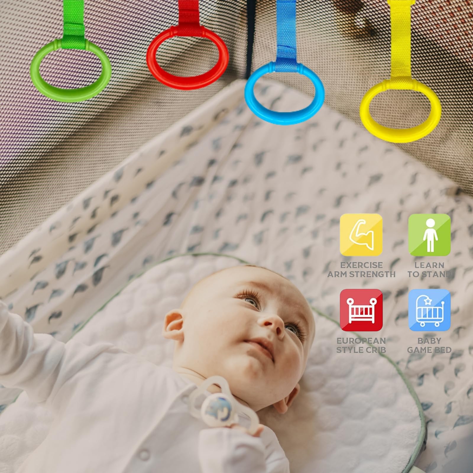 Side view showing woven strap attachment of baby crib rings
