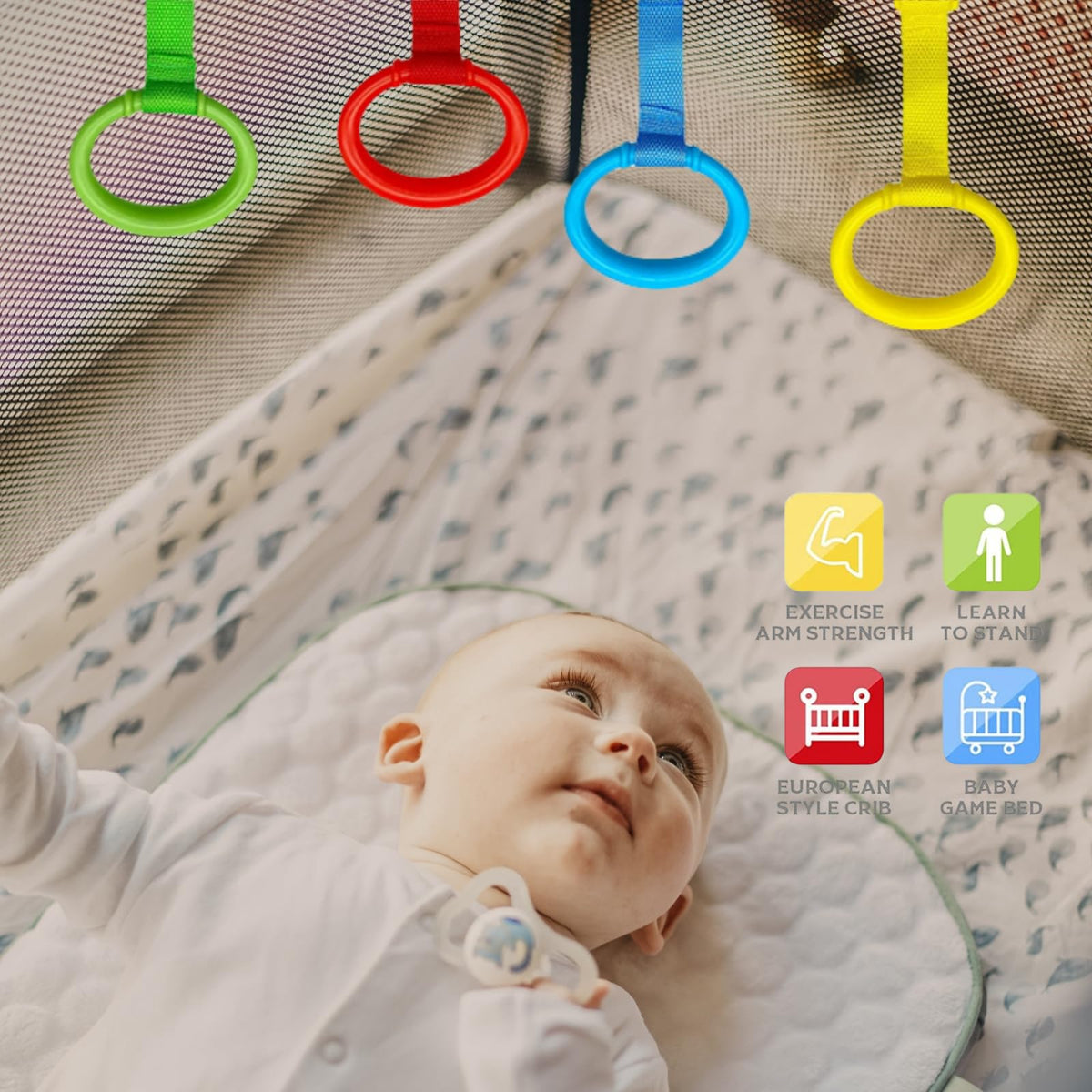 Ergonomic baby crib pull rings with safety straps