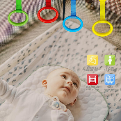 Side view showing woven strap attachment of baby crib rings