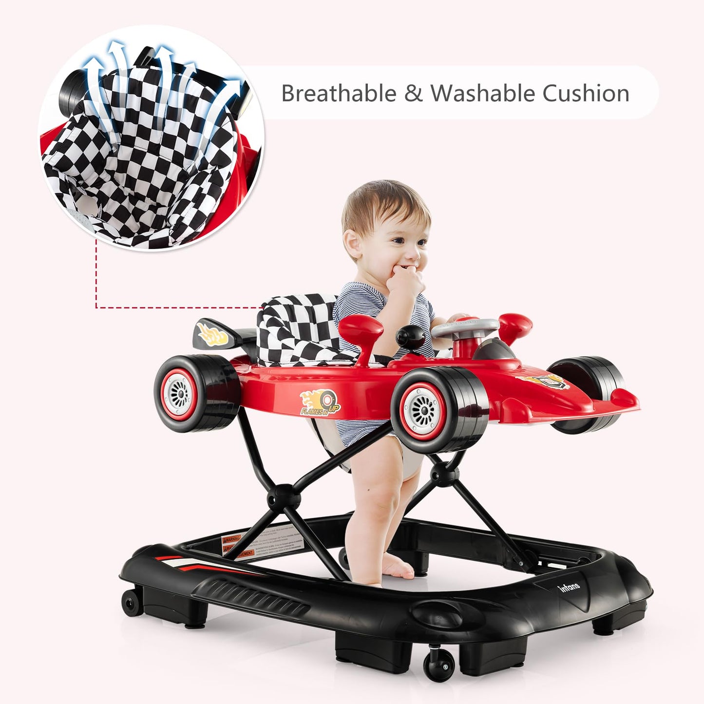 Adjustable height mechanism on Infans baby walker