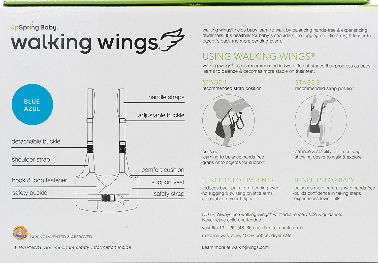 UpSpring Baby Walking Wings harness back view and buckle detail