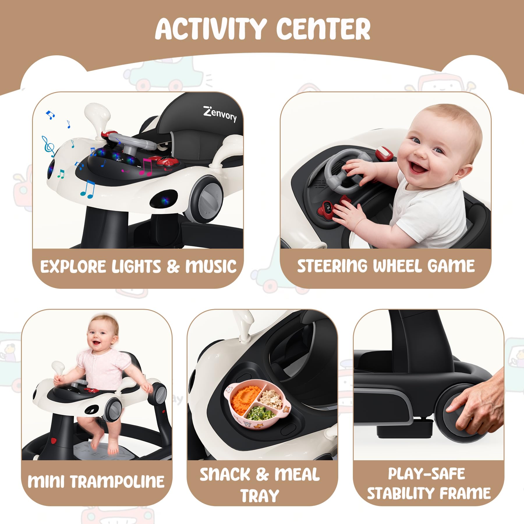 Side profile of Zenvory baby walker showing adjustable height settings