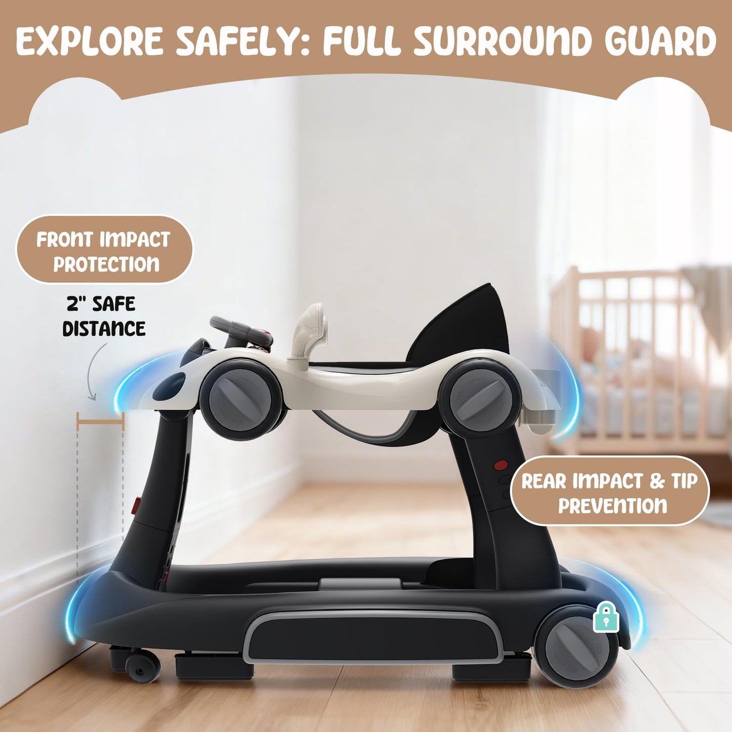 Zenvory foldable baby walker in storage mode showing compact design