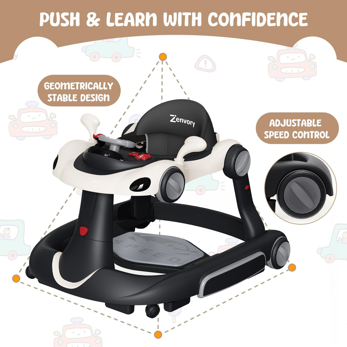 Detail view of Zenvory baby walker adjustable speed rear wheels