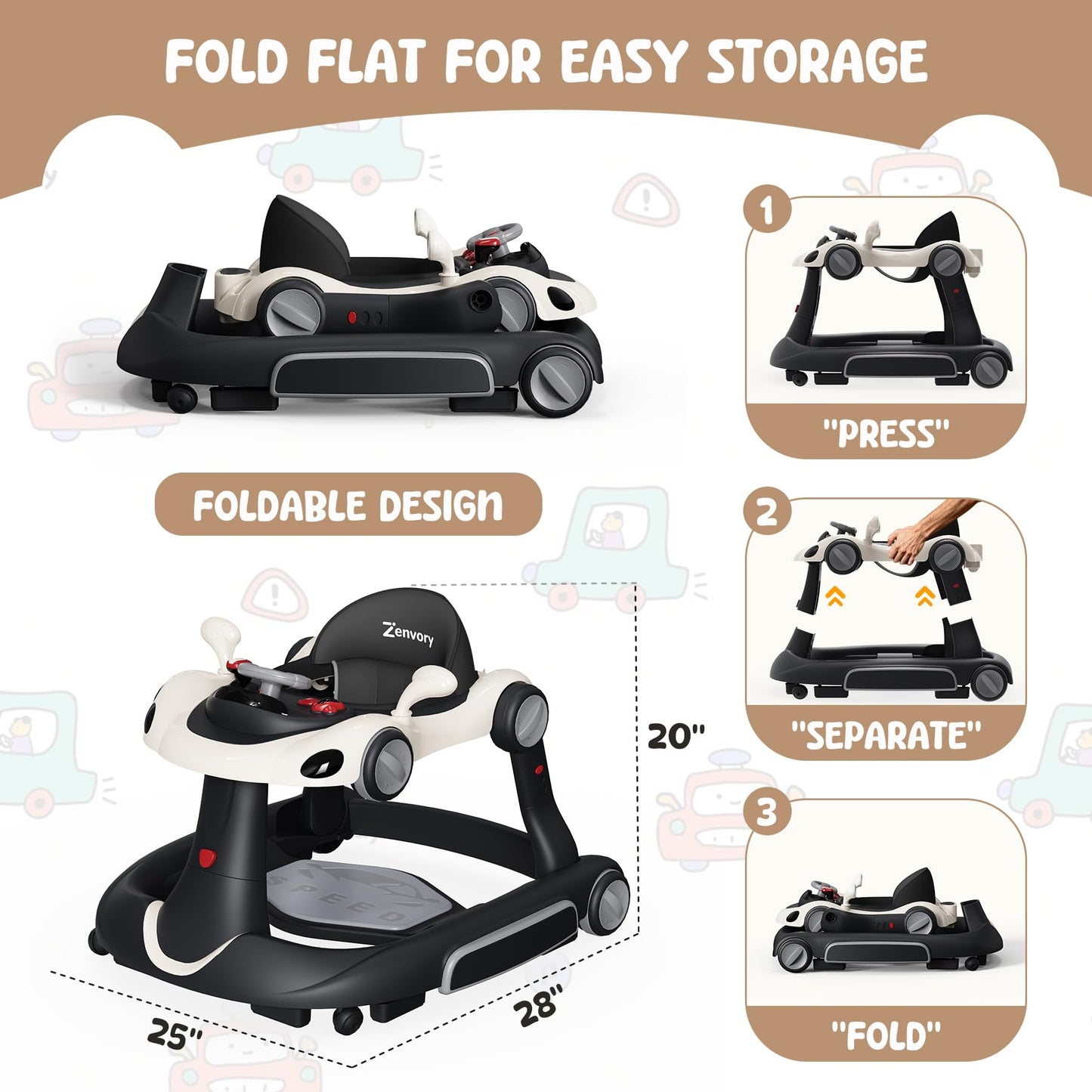 Lifestyle shot of Zenvory multi-functional baby walker in modern living room