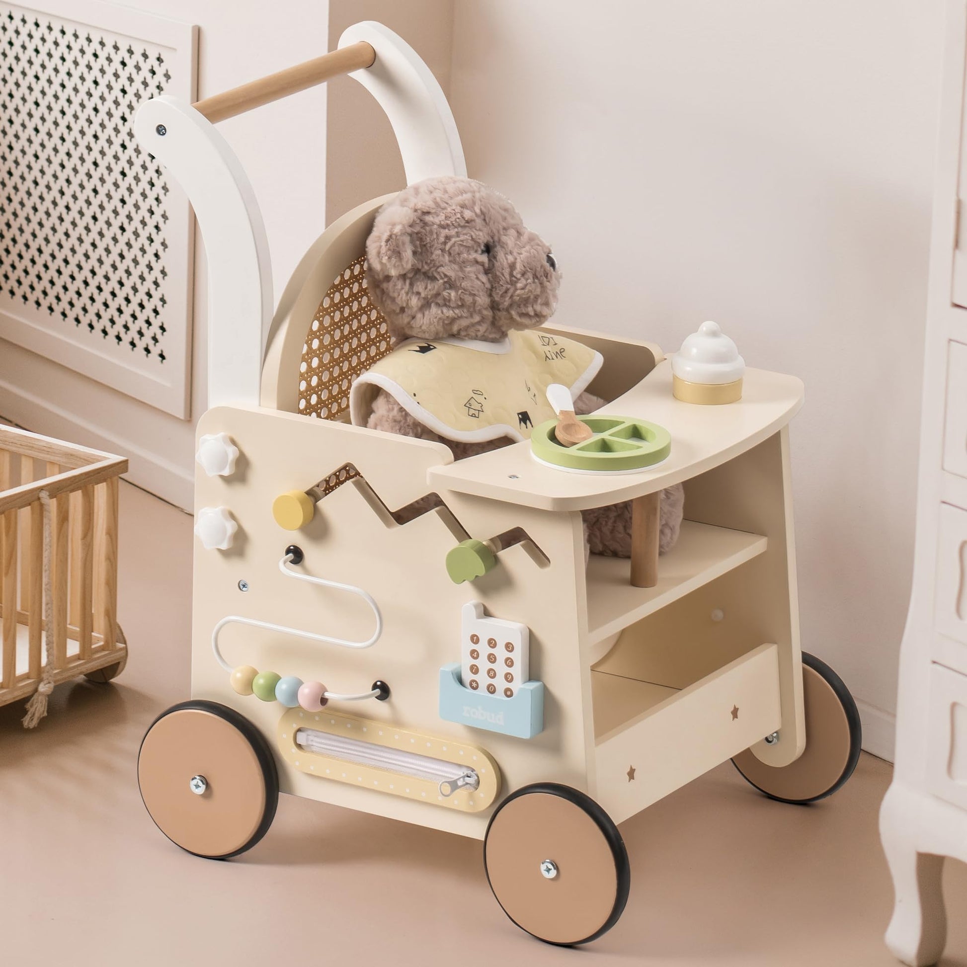 Robotime wooden doll stroller with plush toy inside