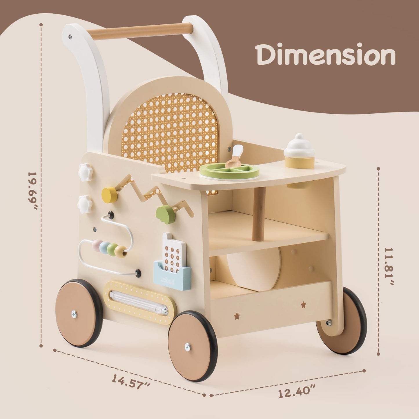 Educational activity center features on baby walker