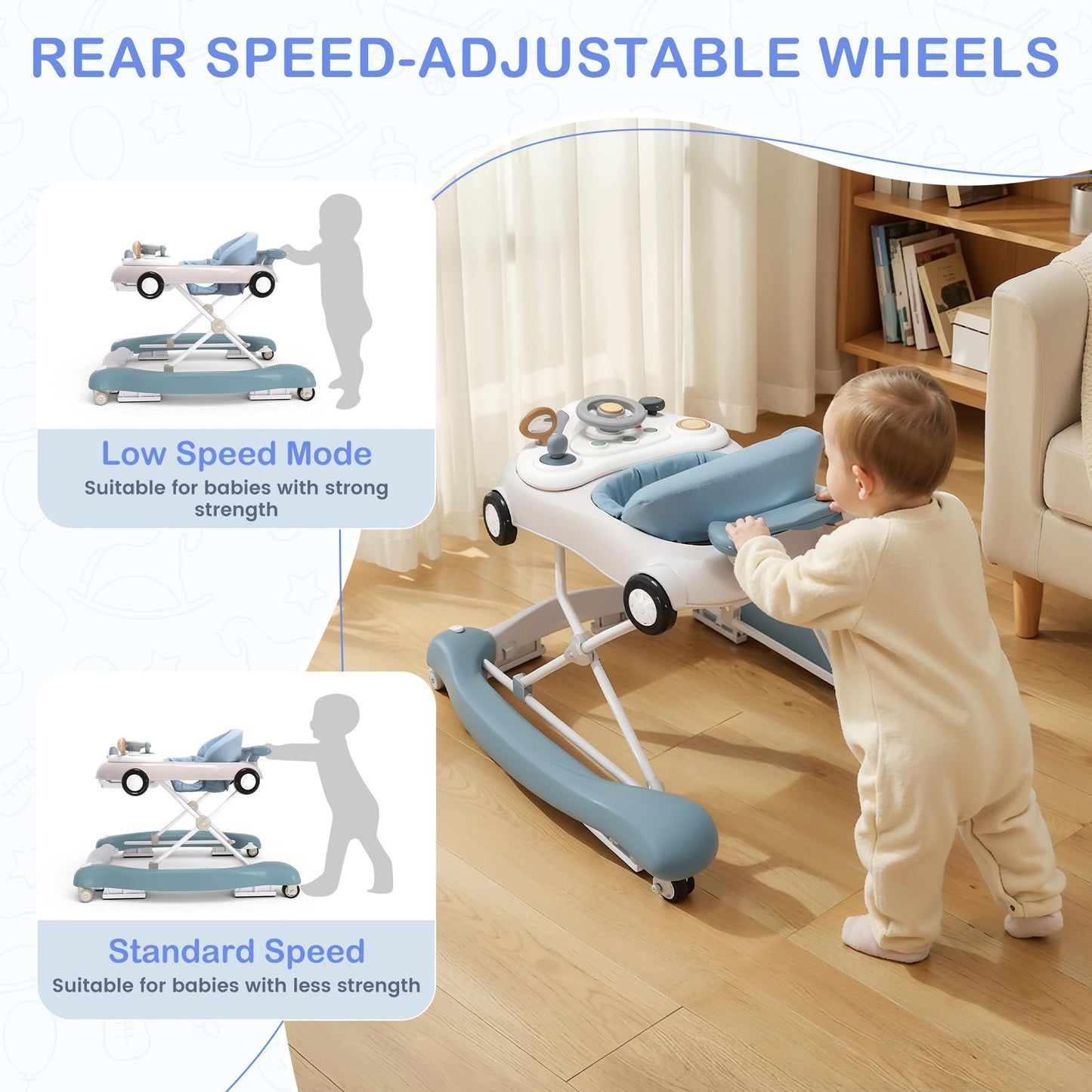 Close up of the interactive steering wheel toy tray