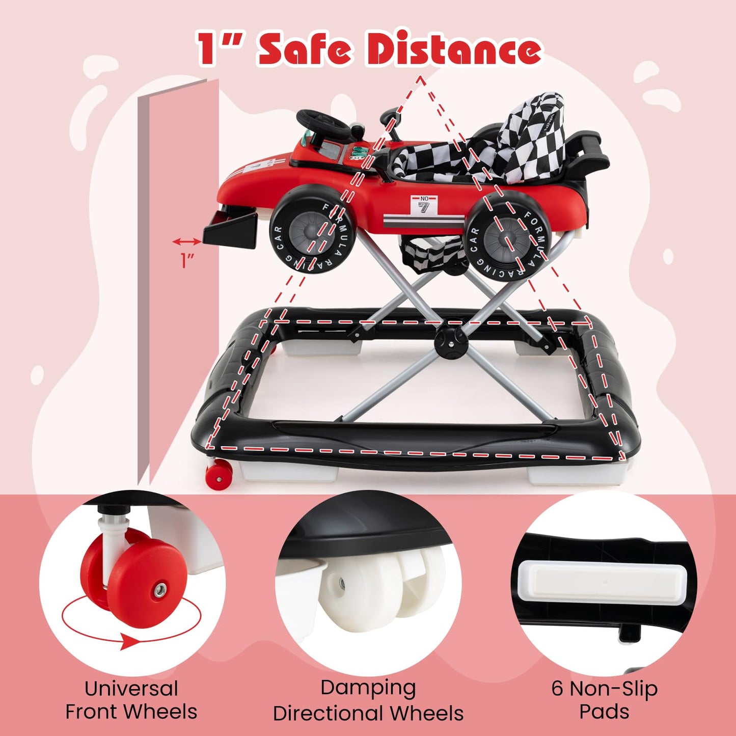Baby walker with adjustable height and racing theme