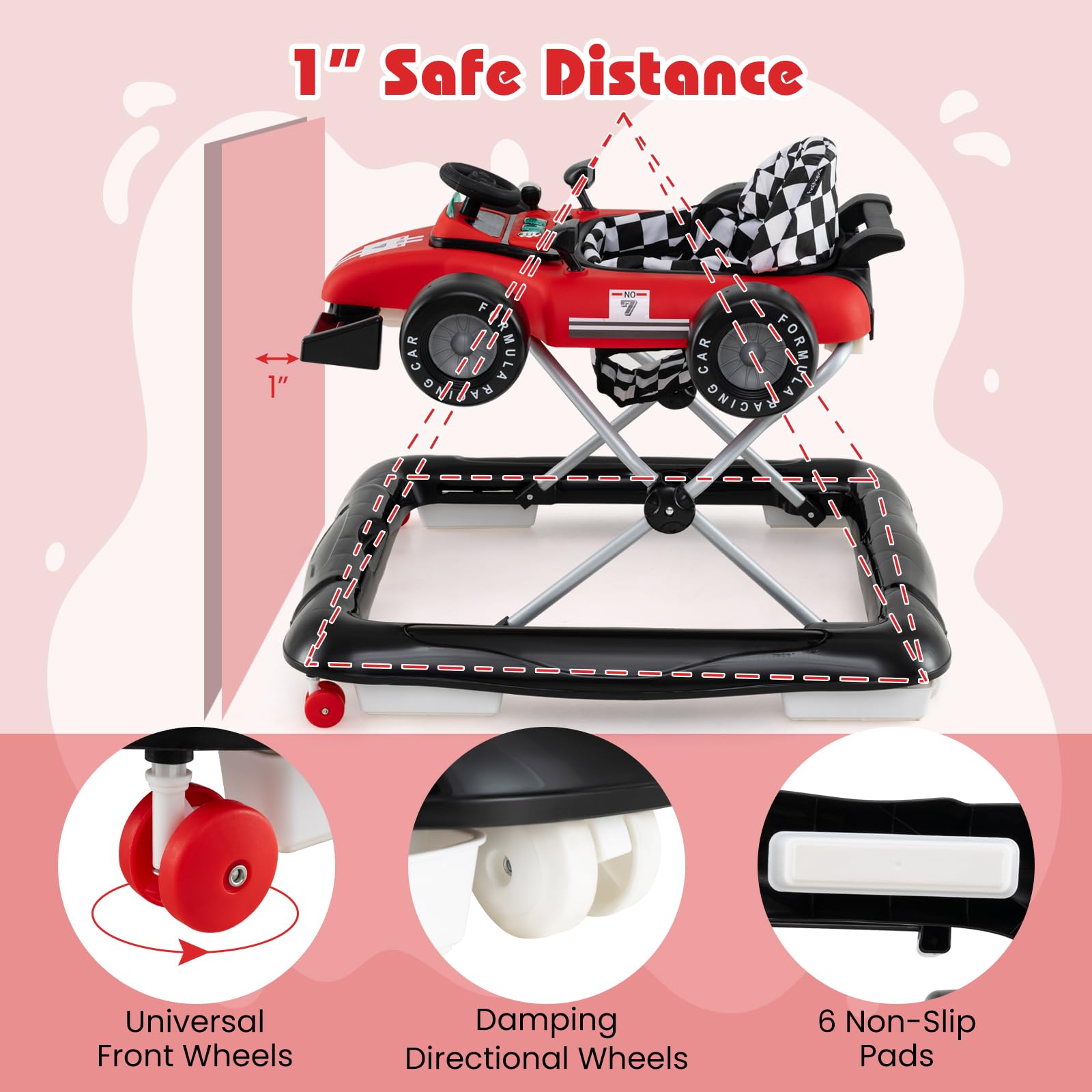 Baby walker with adjustable height and racing theme
