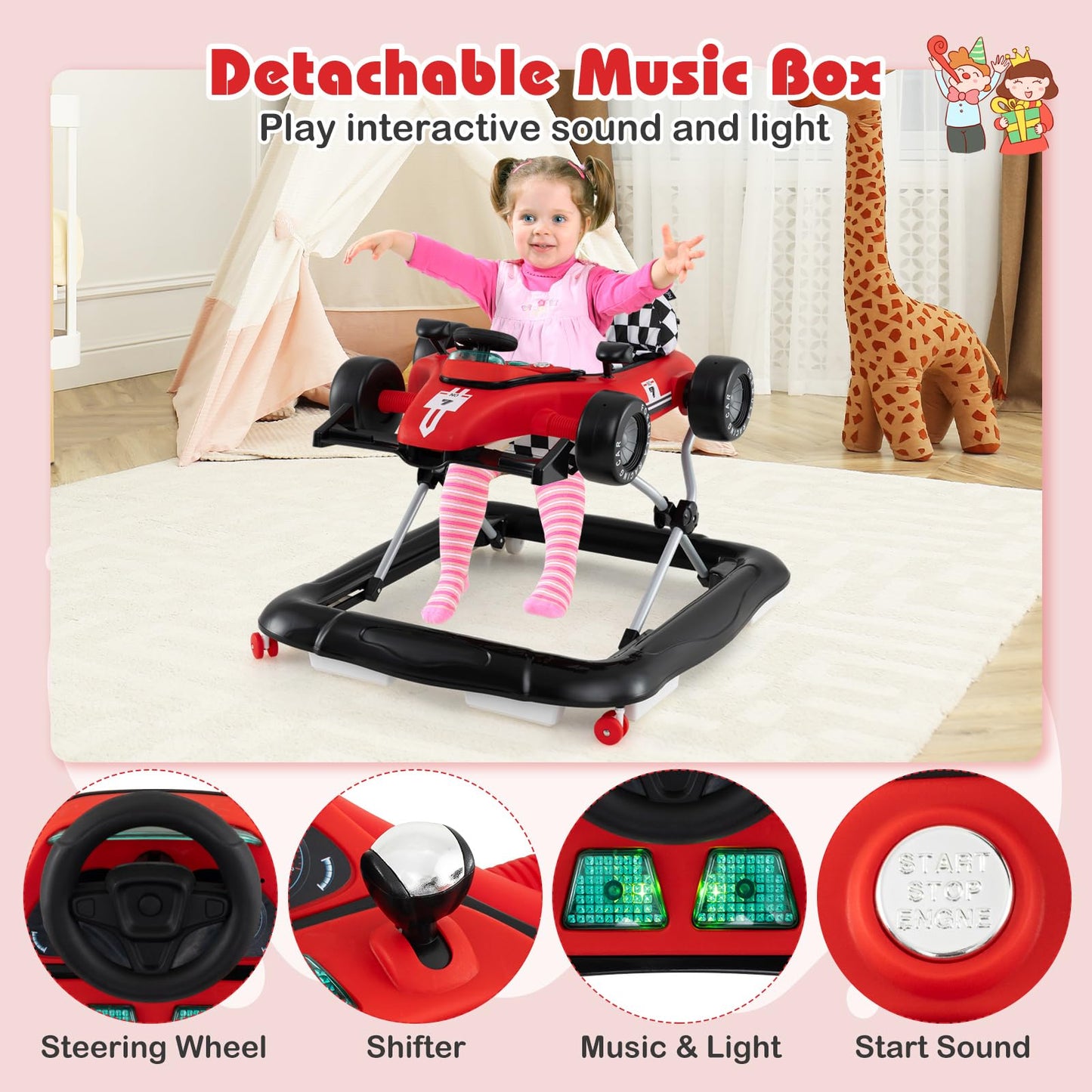 Removable toy tray with steering wheel and buttons