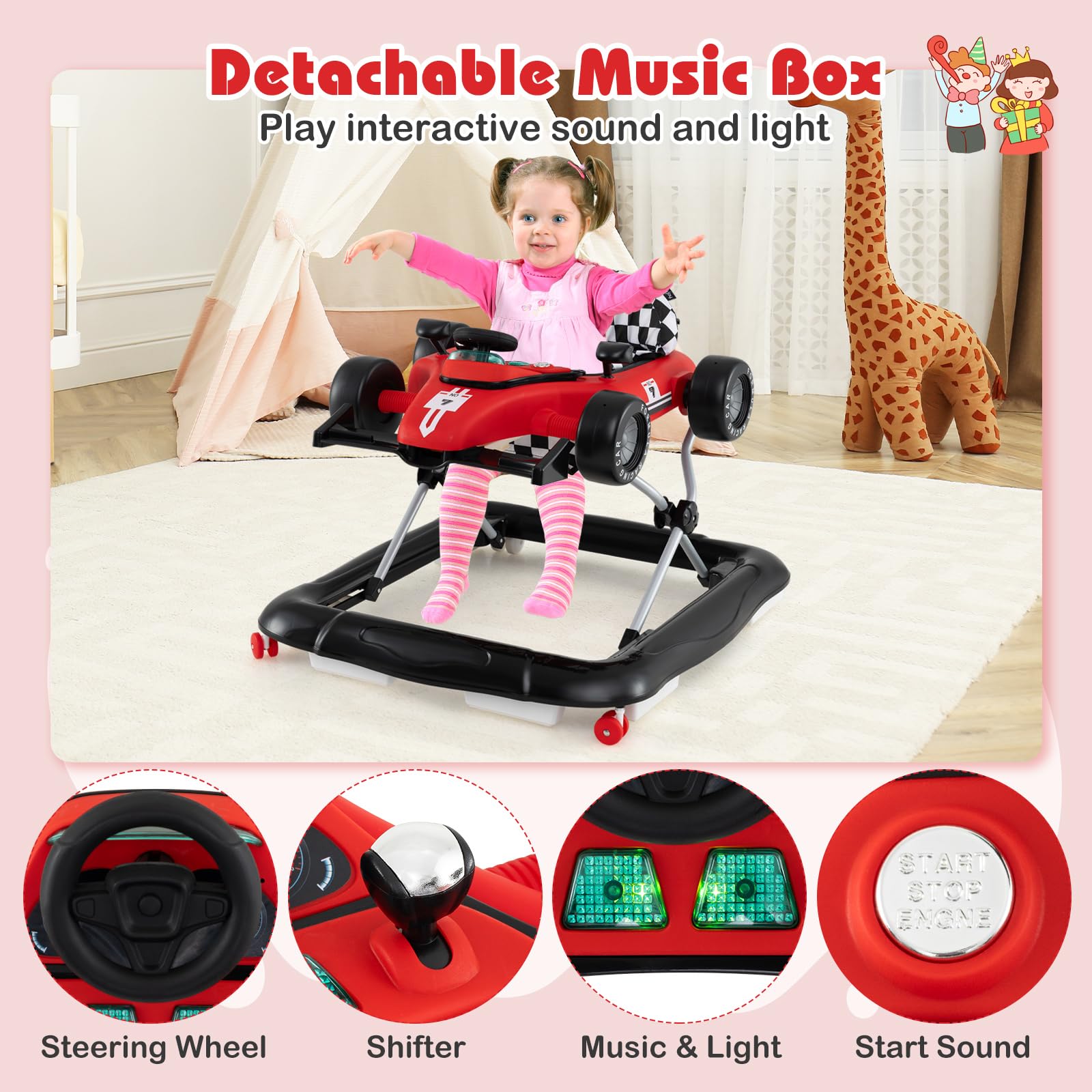 Removable toy tray with steering wheel and buttons