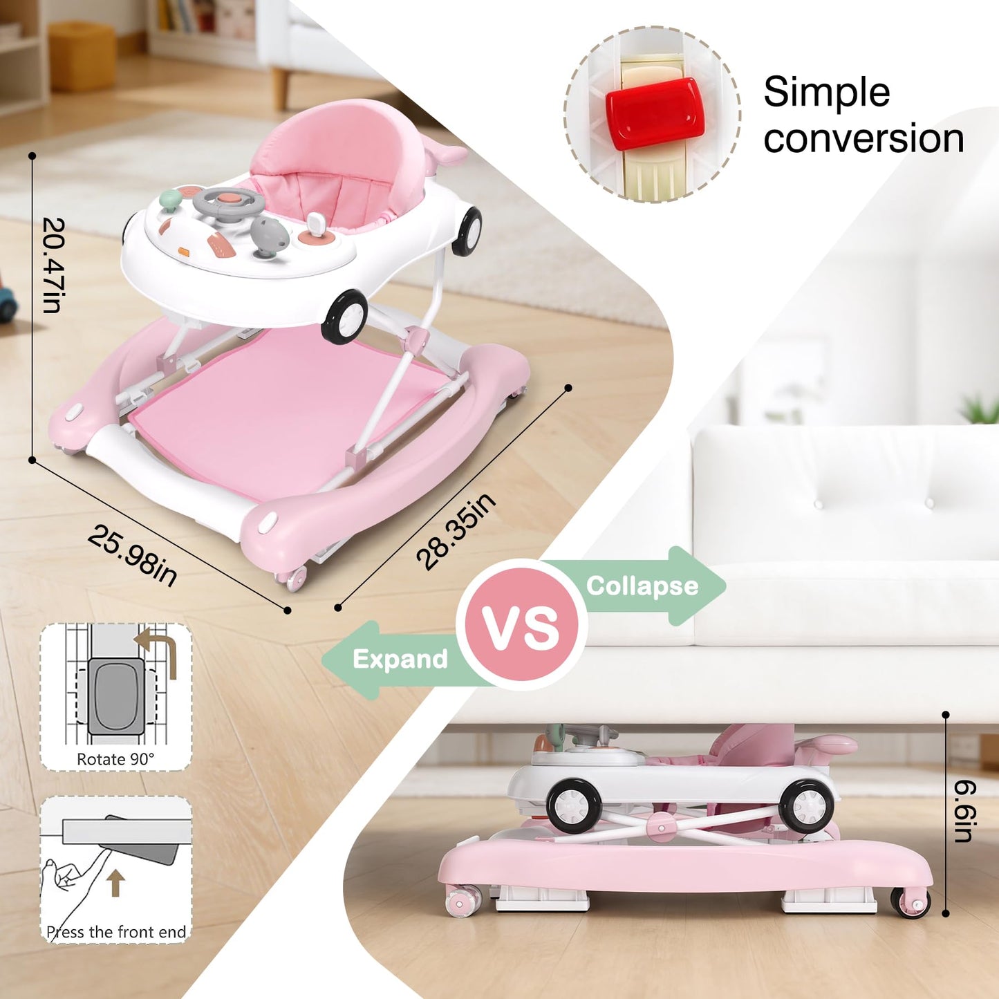 Folded Hyes baby walker for storage