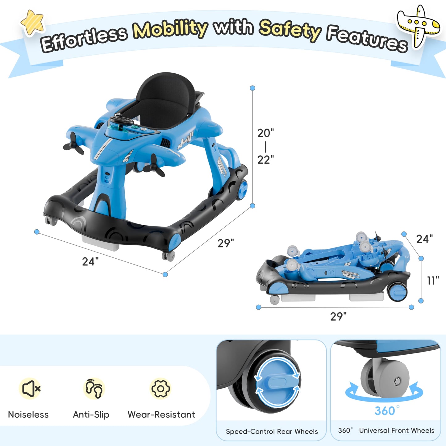 Padded seat detail of Xilingol baby walker for posture support