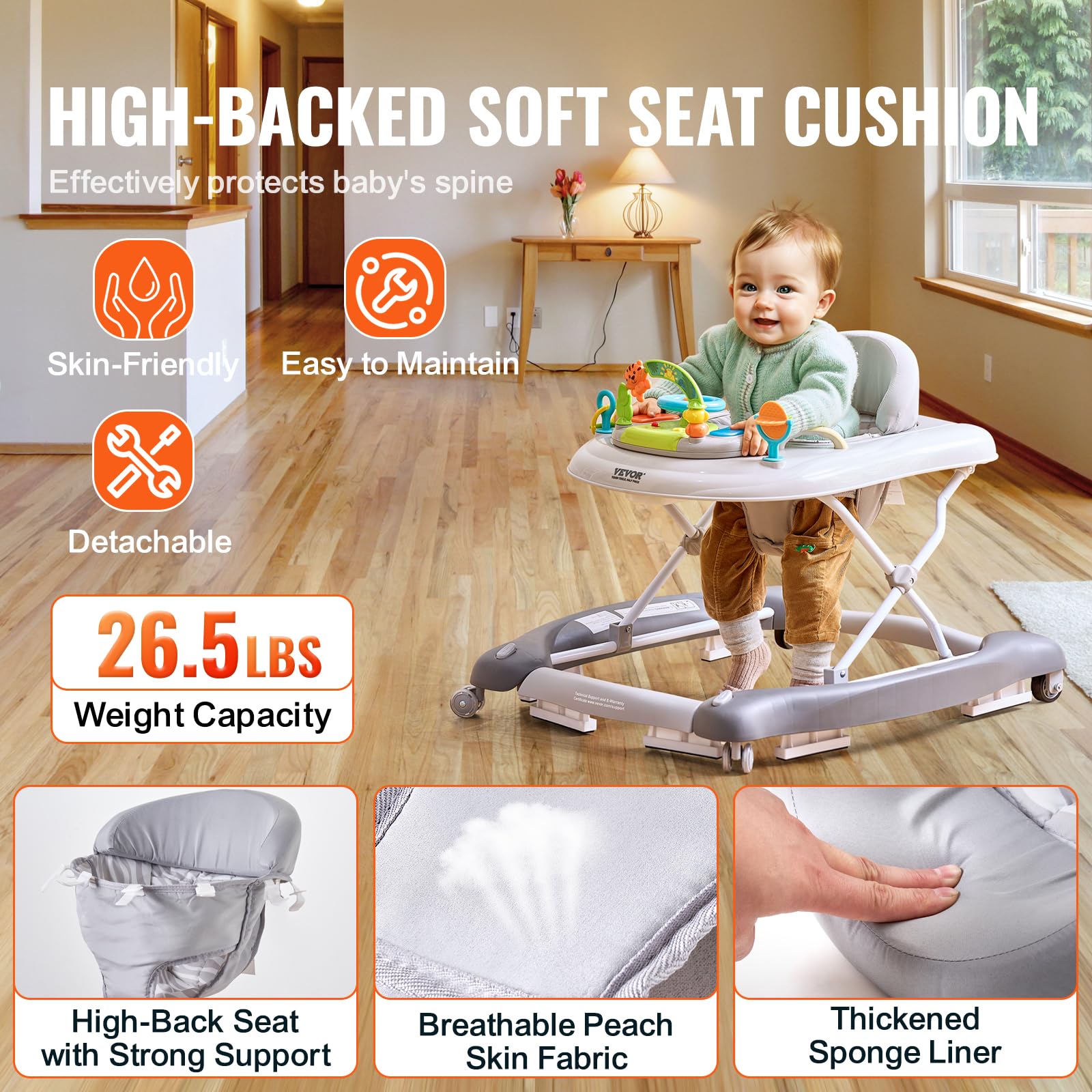 Side profile of Vevor foldable baby walker with height adjustment visible