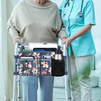 Side profile of Finpac mobility aid pouch attached to a walker
