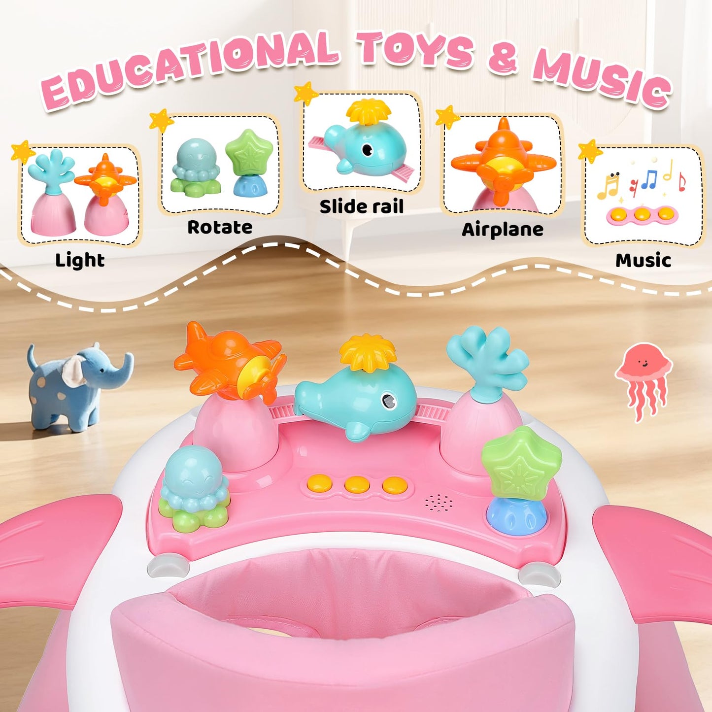 Foldable baby walker pink model top view with musical toy bar