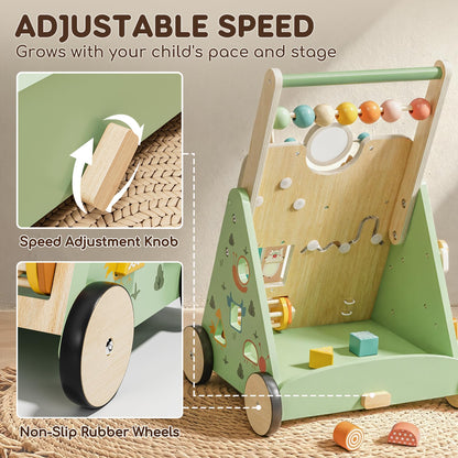 Close up of interactive gear and block activity panel on wooden walker