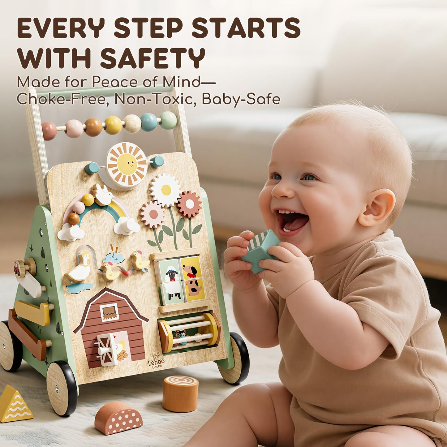 Educational sensory toys on Lehoo Castle baby push walker