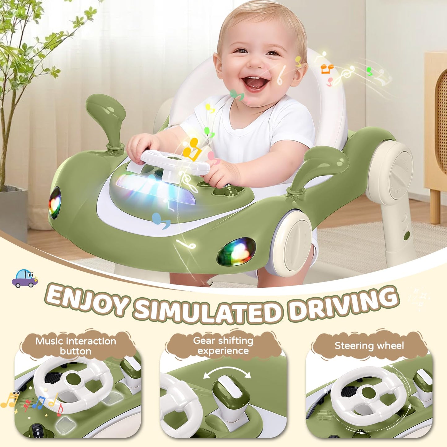 Side profile of Lerrutue baby walker with wheels