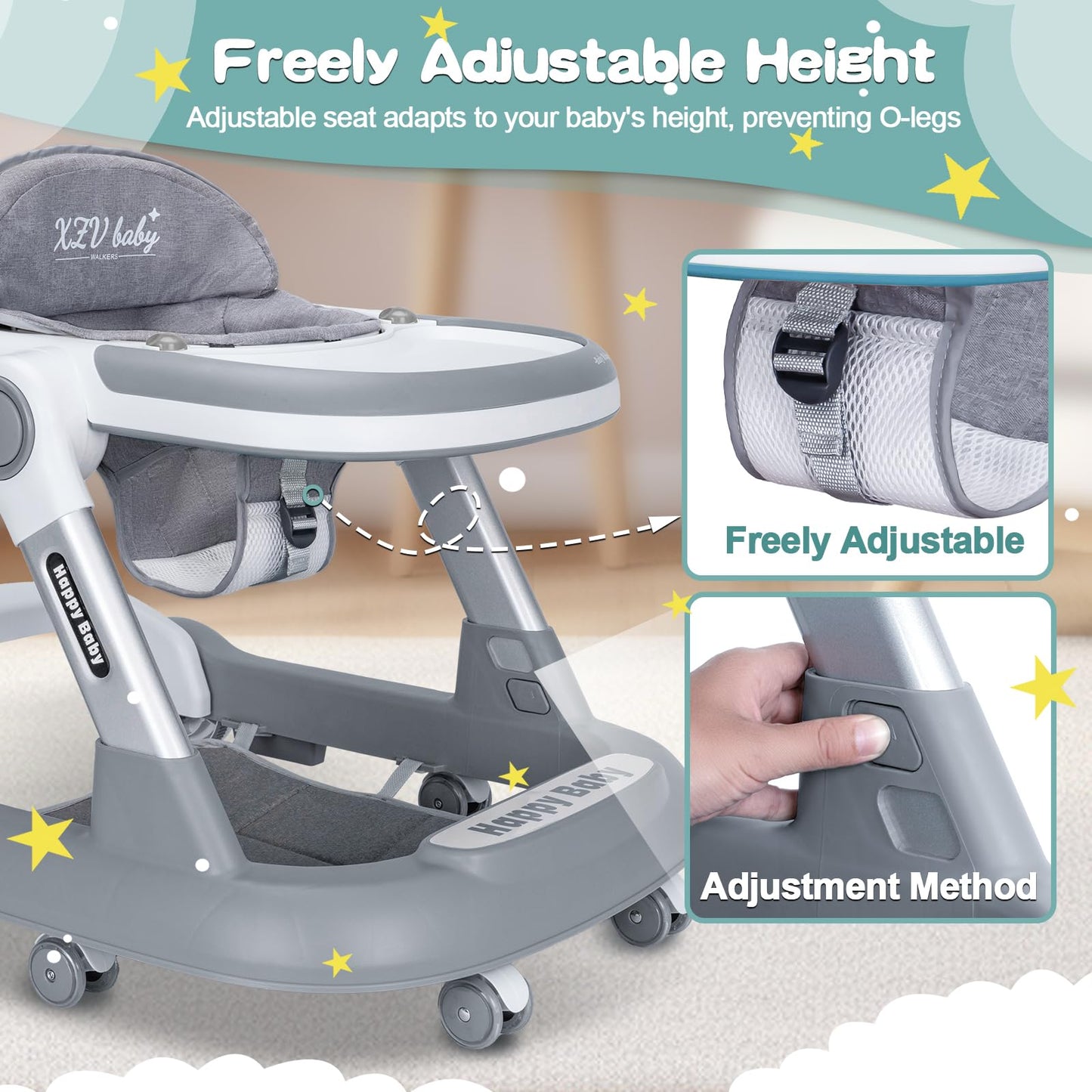 Baby walker with mute wheels detailed view