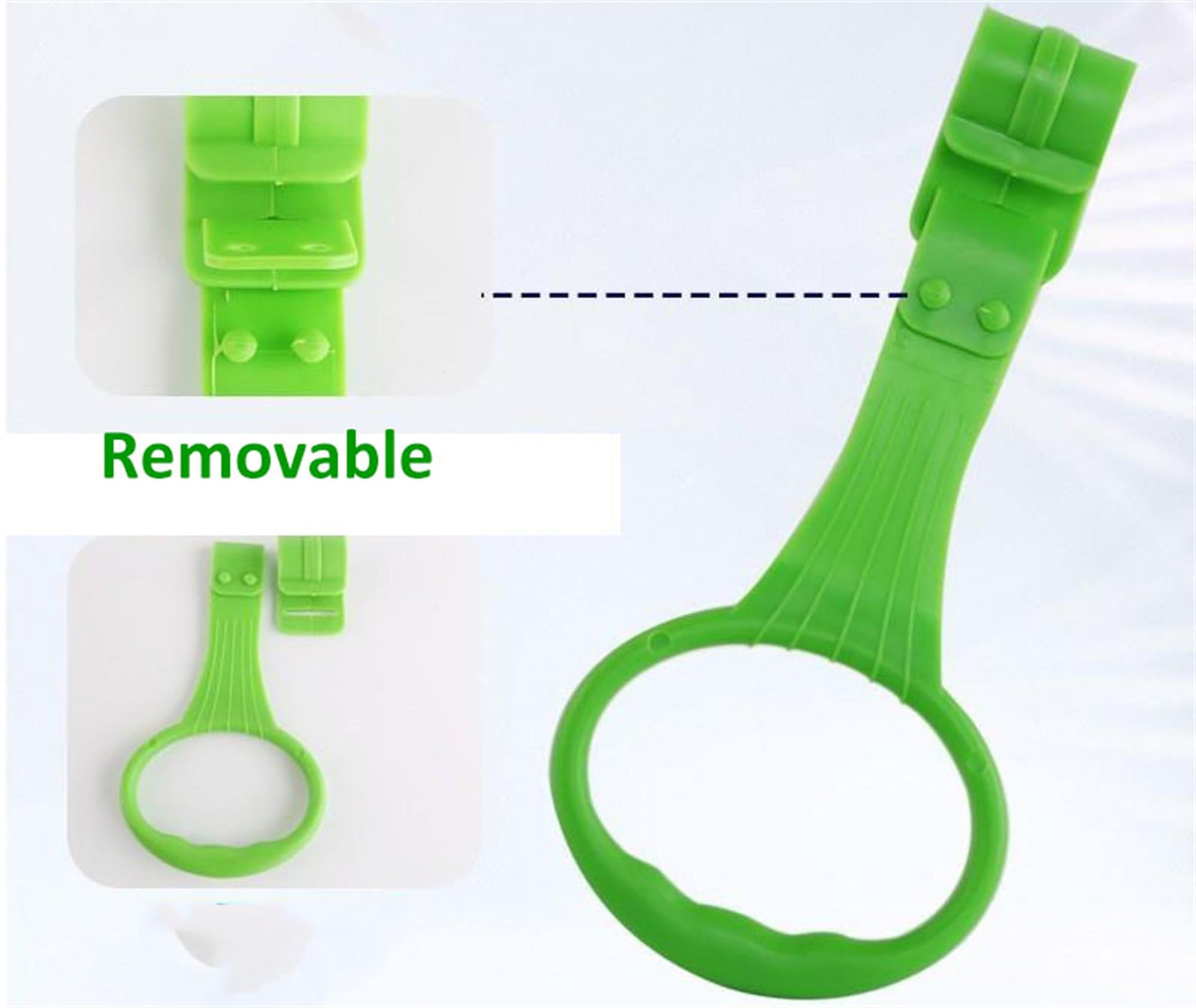 Toddler holding onto crib hanging rings for support