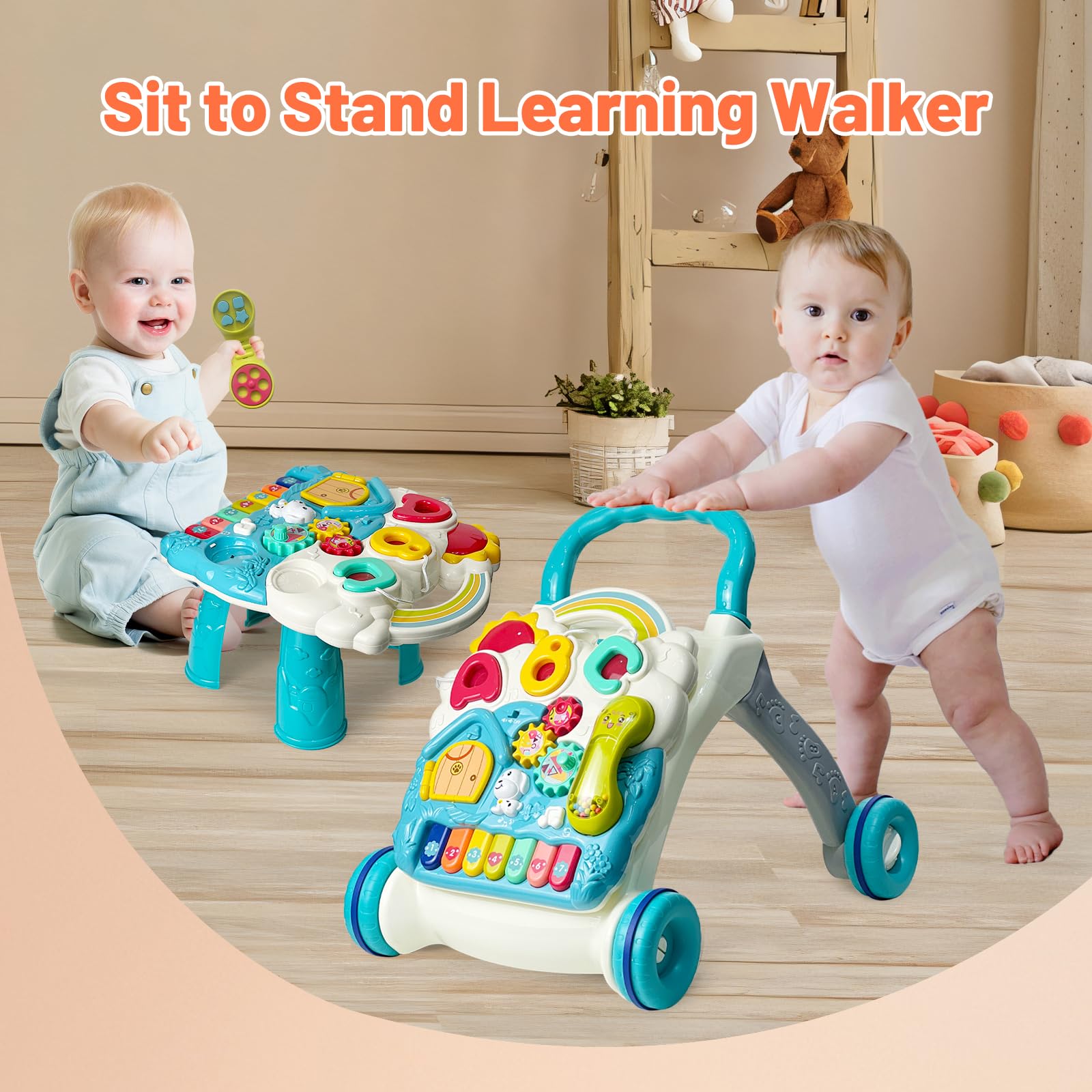 Baby playing with educational activity center on floor