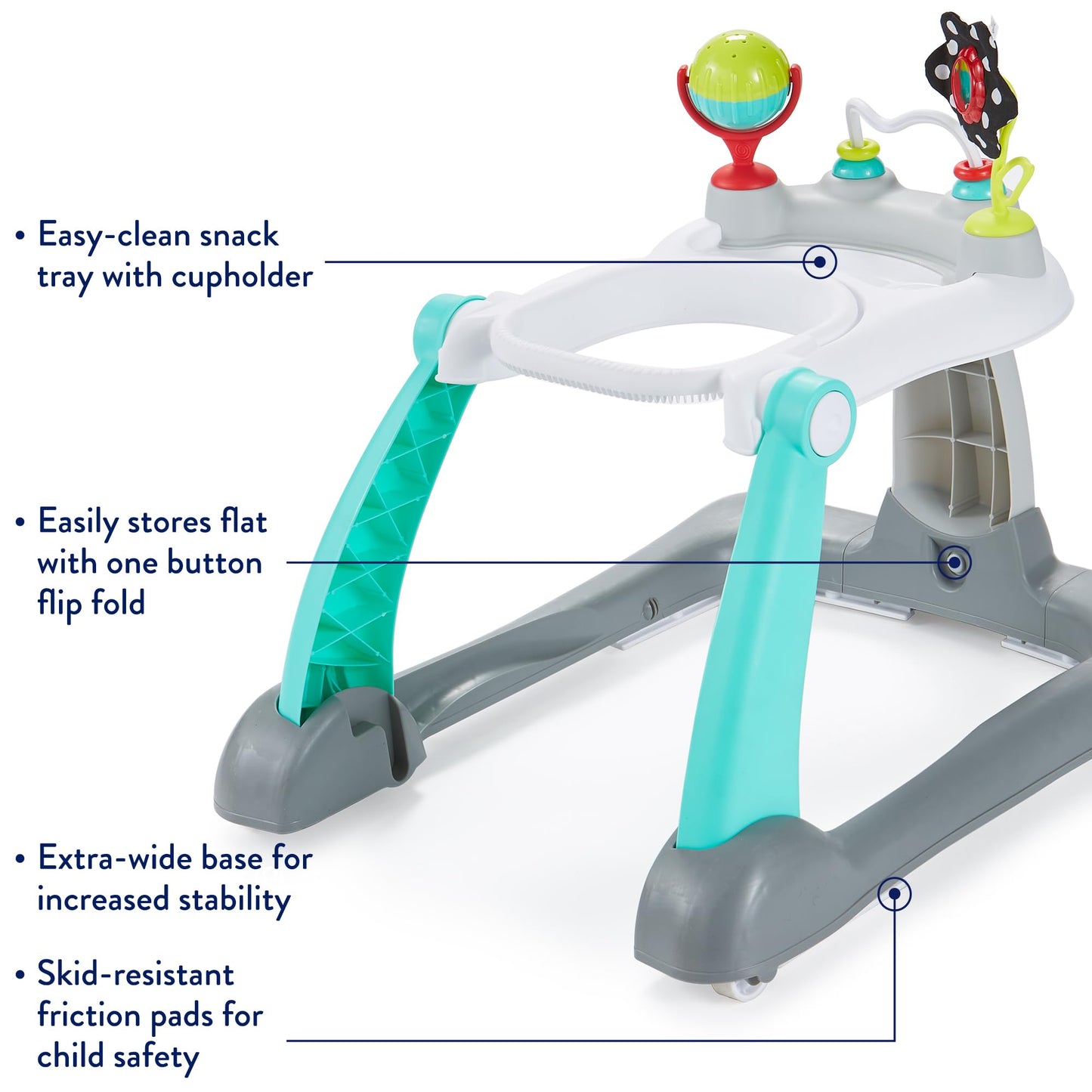 Wide base and non-skid safety pads on Kolcraft baby walker