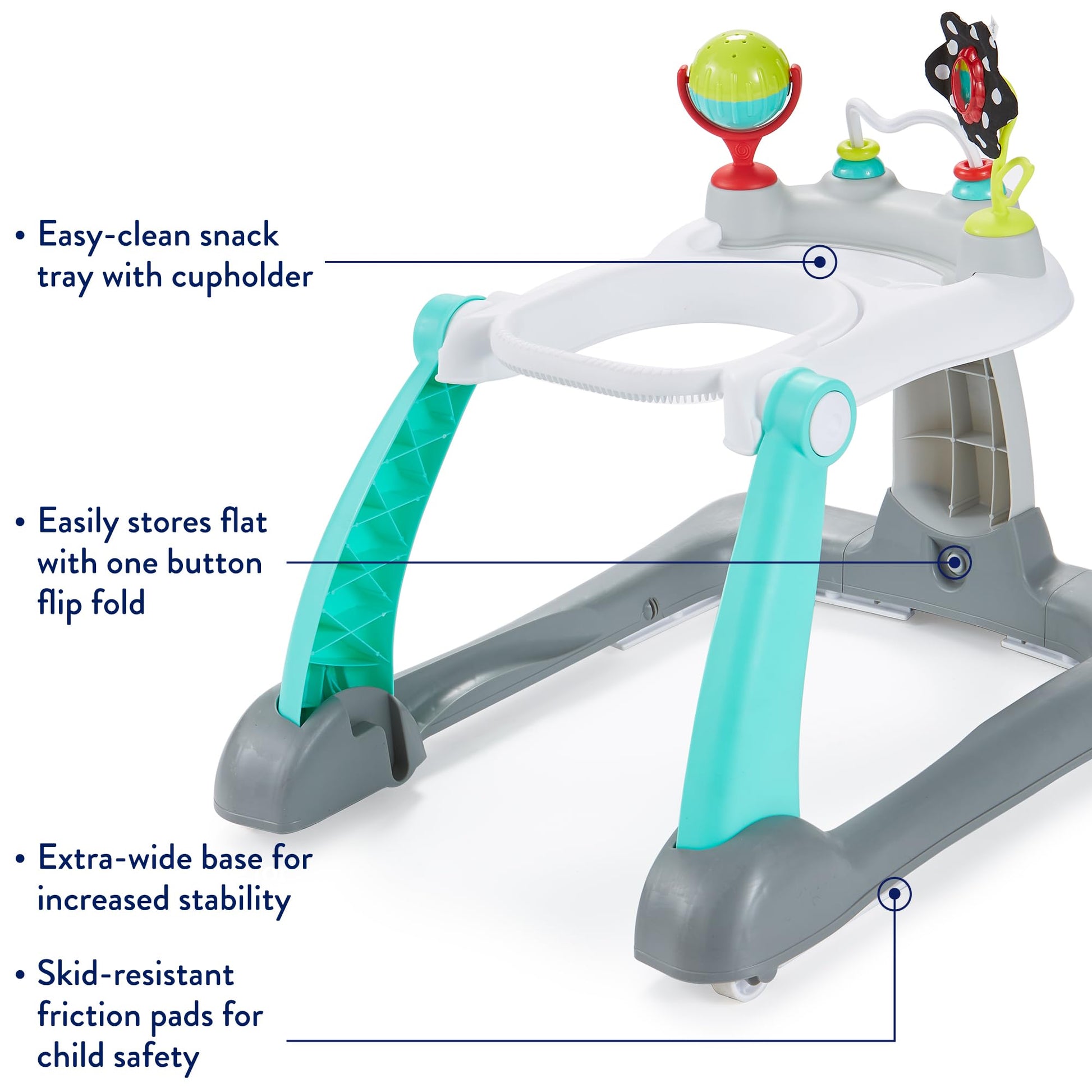Wide base and non-skid safety pads on Kolcraft baby walker