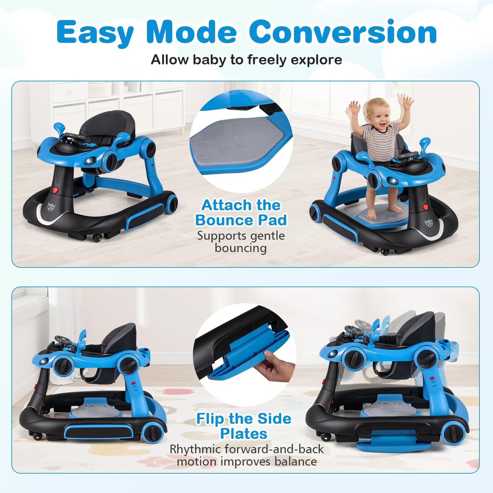 Adjustable height settings on Baby Joy baby walker