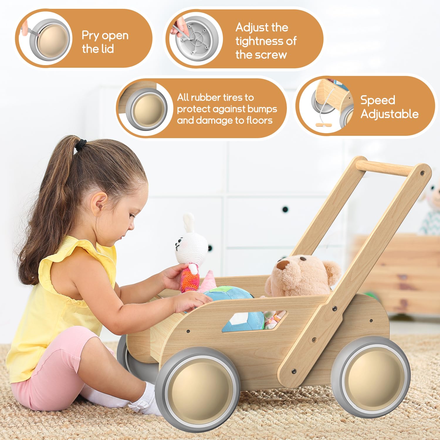 Close up of Homekol baby walker adjustable wheels