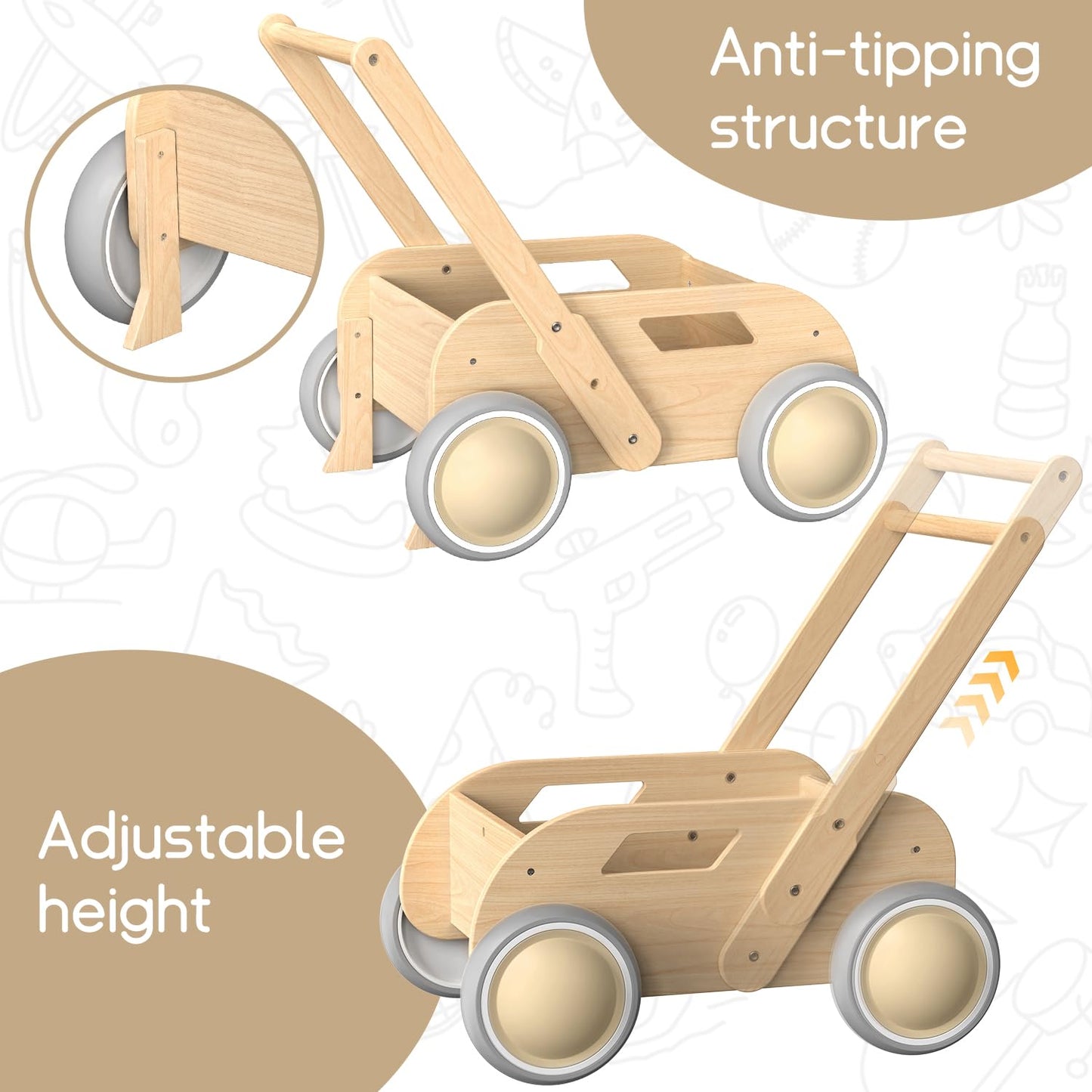 Side angle of Homekol wooden activity walker