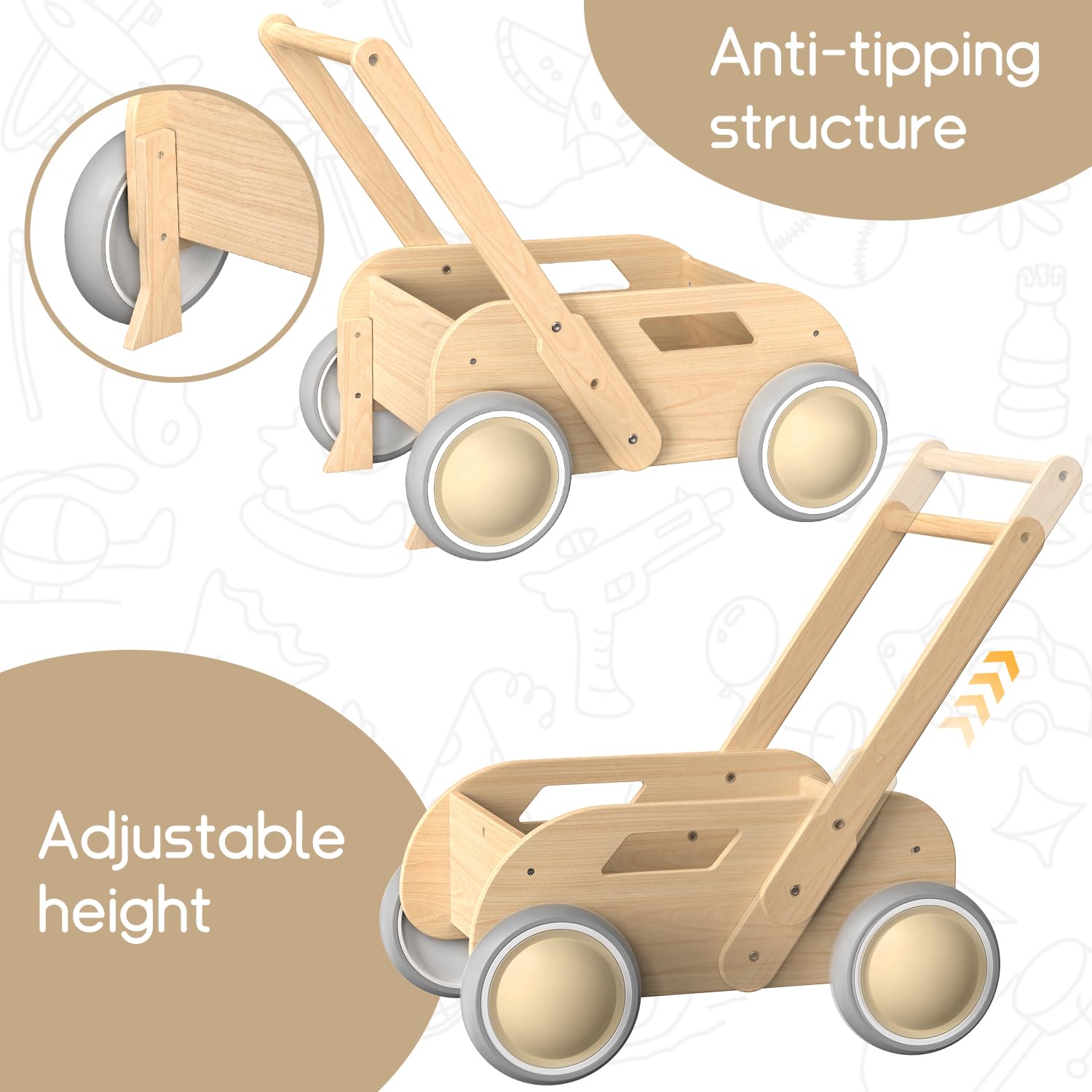 Side angle of Homekol wooden activity walker