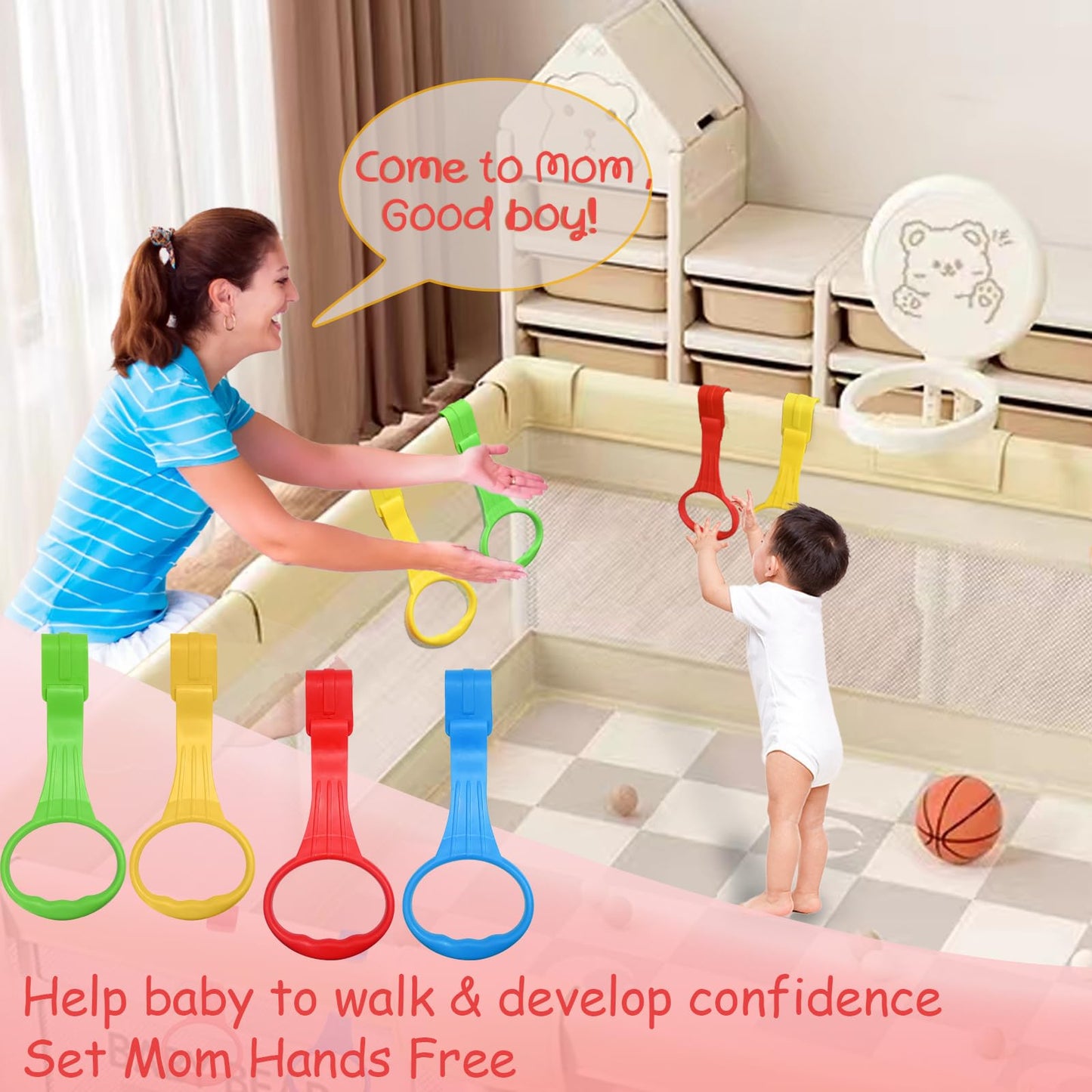 Baby learning to walk using playpen assist rings