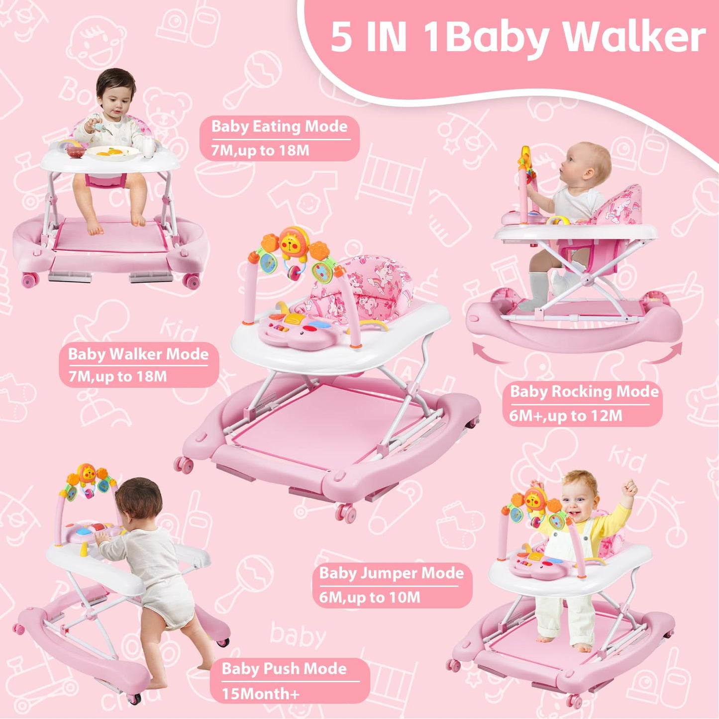 Foldable baby walker with music and interactive toys